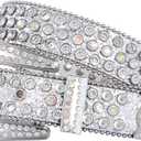 FIORETTO Men Women Rhinestone Belt Bling Western Studded Leather Belt Shining Diamond Cowgirl Cowboy Waist Belt for Jeans (fits waist size 29"-33", 07 Shine-silver)