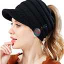 Bluetooth Beanie for Women, Wireless Headset Winter Knitted Messy Bun Hat Ponytail Hole Visor Caps with Stereo Headphones Mic Hands Free for Outdoor Sports