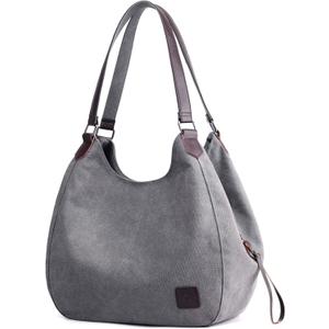 DOURR Women's Multi-pocket Shoulder Bag Fashion Cotton Canvas Handbag Tote Purse (Gray - Large Size)