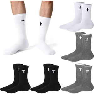 6 Pairs Cross Socks for Men US 7-9 Christian Pastor Elastic Crew Socks Cross Print Embroidered Geo Cotton Sock (Black, White, Gray)