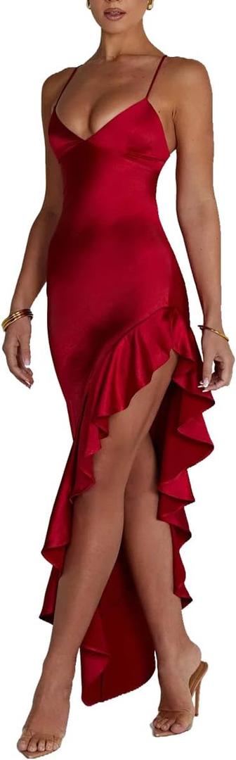 Women's Sexy Satin Spaghetti Strap V Neck Backless Side High Split Ruffle Hem Evening Party Cocktail Maxi Dress (Small, Wine Red)