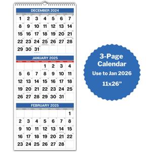 Dunwell Three Month View Calendar 2023-2024, Use to December 2024, 3 Month Wall Calendar, 11x26 3 Panel Calendar, Last Page Includes January 2025, Ships Folded (Blue)