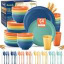 Wheat Straw Dinnerware Sets,64-Piece Plates and Bowls Sets for 8-Unbreakable,Reusable Plastic Dish Set-Dinner Plate/Dessert Plate/Cereal Bowl/Cup/Utensils-Dishwasher Safe 64P-JadePeak Lake Sunset