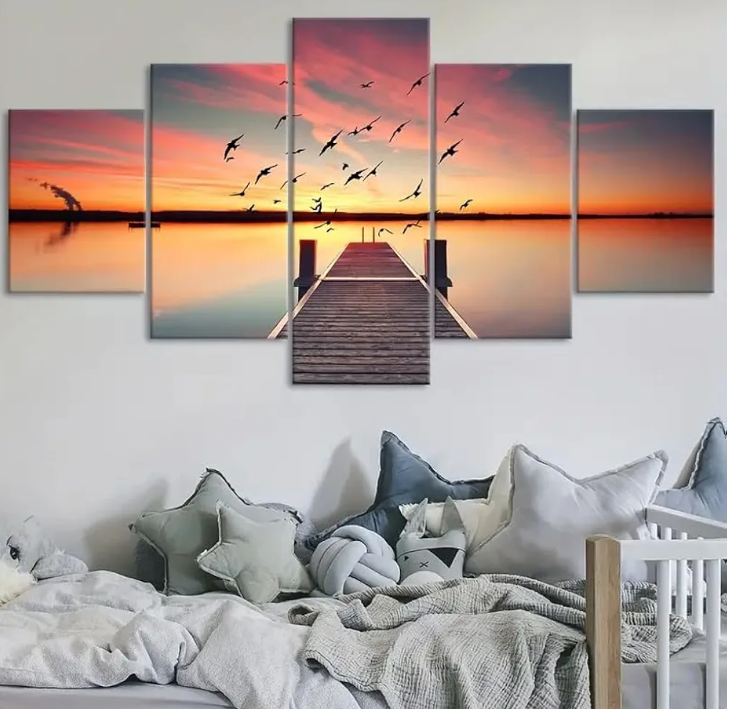 Wooden Large 5 Piece Canvas Wall Art Beautiful Sea View Sunset Painting Picture for Bedroom Living Room Office wall Decor Artwork Framed Gicle Prints Posters Stretched Ready to Hang