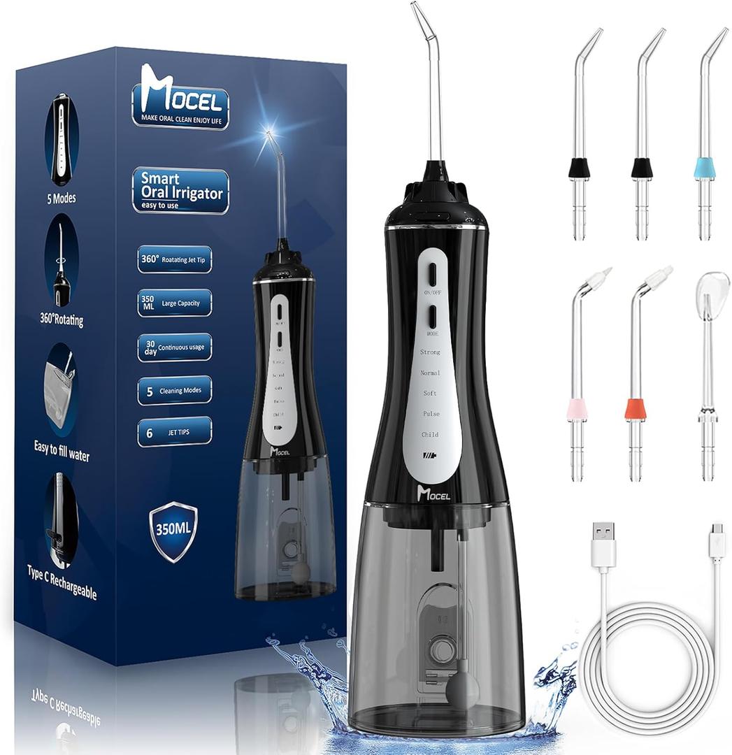 Water Dental Flosser Oral Irrigator with 5 Modes, 350ml Cordless Water Teeth Cleaner Pick 6 Tips, IPX7 Waterproof Rechargeable Portable Powerful Battery for Travel & Home Braces & Bridges Care (Black)