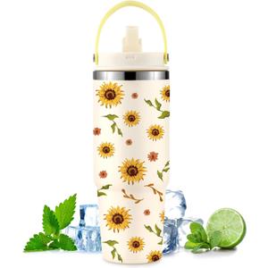 Sunflower Tumbler 30oz Stainless Steel Water Bottle with Handle Flip Straw, Leakproof Travel Mug iced Coffee Cup, Birthday Mothers for Women Friends Flower Lovers