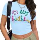 Birthday Shirts for Women Glitter Its My Birthday Shirt Sequin Birthday Party Crop Tops Cute Y2k Baby Tee (Blue, XL)