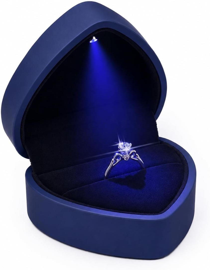 Luxury LED Lighted Ring Box - Heart Shaped Elegant Blue Ring Case for Wedding Rings, Perfect for Engagement, Proposal, Anniversary, Ceremony, and Gift Giving