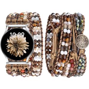 JR.DM Boho Beaded Handmade Braided Bracelet Band Women 20mm Compatible with Samsung Galaxy Watch 7/6/5/4/Active 2/4 Classic/6 Classic/5 Pro/FE, A Brown Stone Beaded (Only 20mm)