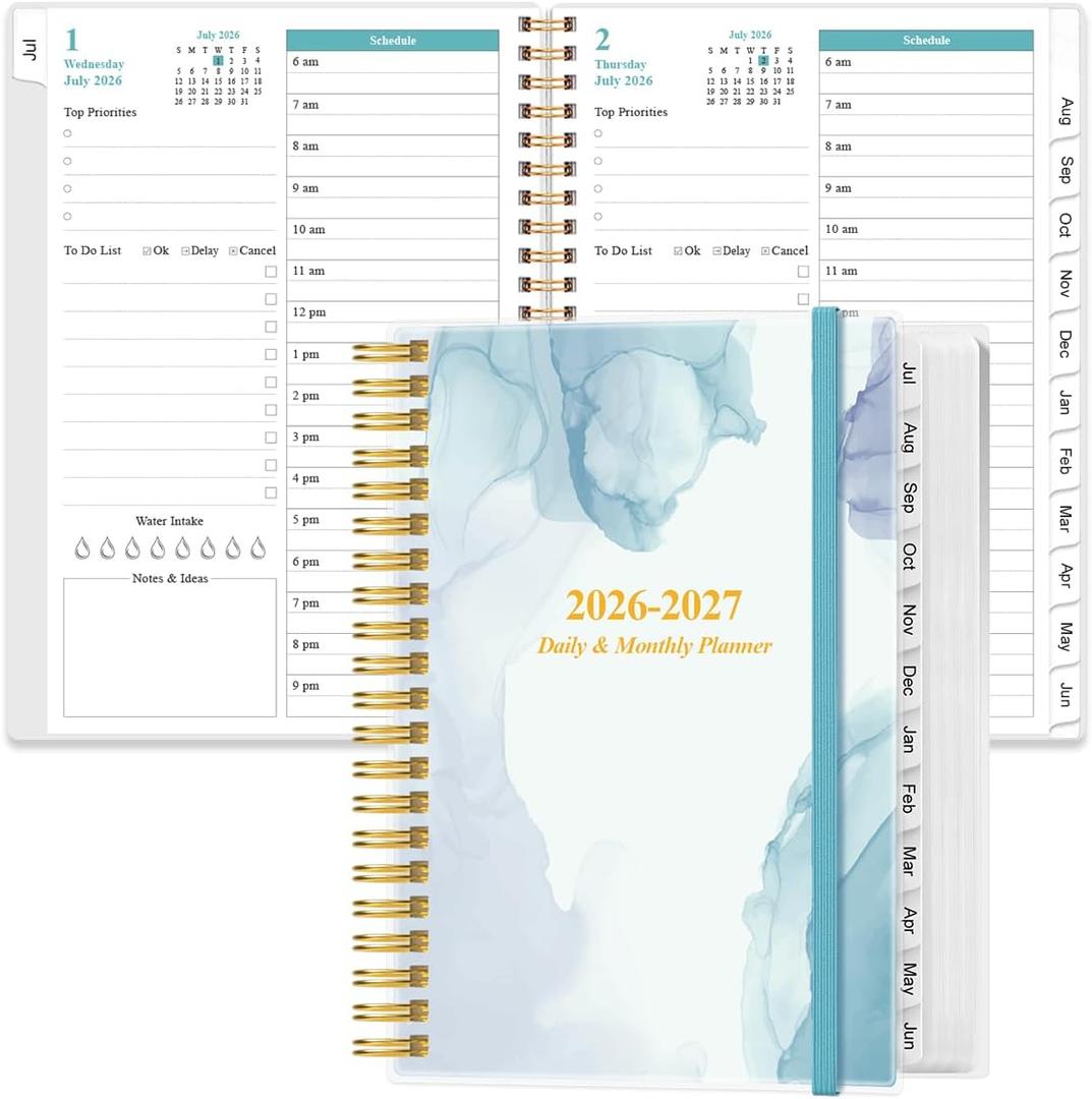 2026-2027 Daily & Monthly Planner - One Page Per Day, Daily Planner from July 2026 to June 2027, Planner 2026-2027 with 12 Monthly Tabs, 6.4" x 8.5", Rose Flower (Blue Watercolor)