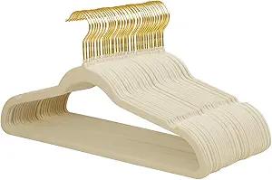 ManGotree Velvet Coat Hangers with 360° Swivel Gold Hook, Non-Slip Felt Suit Hangers, Ultra-Thin Space Saving Clothes Hanger for Jacket, Sweater, Shirt, Dress, Pant (66 Pack, Beige)