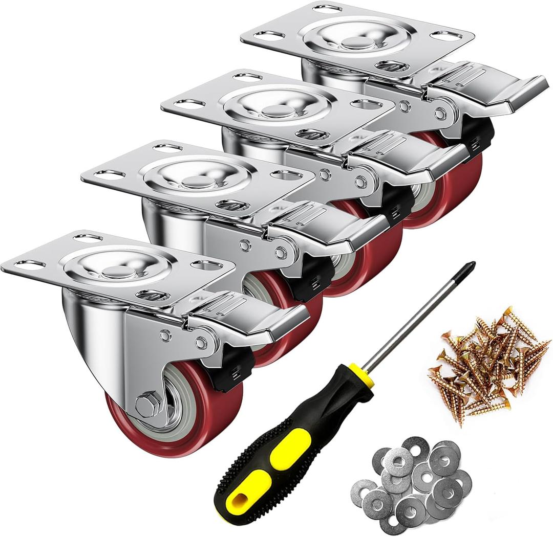 2 Inch Caster Wheels, Casters Set of 4, ASHGOOB Red Polyurethane (PU) Casters with Brake Heavy Duty, Industrial Locking Swivel Top Plate Castor Wheels for Workbench/Furniture/Cart