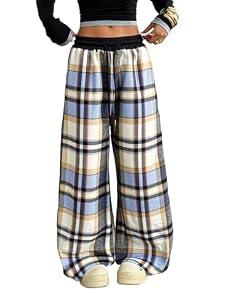 SOLY HUX Women's Plaid Checkered Pants Flannel Pajama Pants Lounge Wide Leg Baggy Sweatpants with Pockets Teal Blue Plaid Large