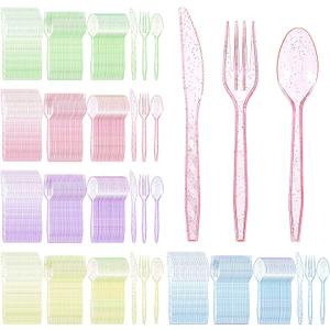 300 Pieces Glitter Plastic Silverware Set Disposable Clear Plastic Cutlery Flatware for Party 100 Knives 100 Spoons 100 Fork for Party Birthday Dinnerware Supplies(Multicolor)