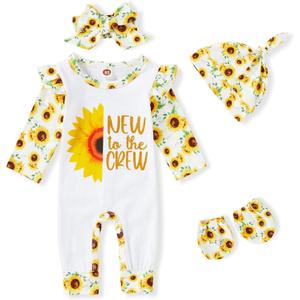 GRNSHTS Newborn Baby Girl Romper Infant Letter Print Jumpsuit Floral Bodysuit+Hat+Headband+Gloves Coming Home Clothes Outfits (Sunflower Yellow)