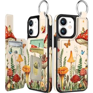 Shorogyt for iPhone 11 Wallet Case with Card Holder, Designer Mushroom Frog Pattern Kickstand Magnetic Clasp Back Flip Folio Leather Phone Cases for iPhone 11 for Women Men Girls