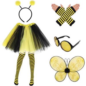 6Pcs Bee Costume Accessories Set Bee Costume Set Tutus Skirt Bee Wings Headband Glasses Striped Long Socks for Women Cosplay Party (Yellow)