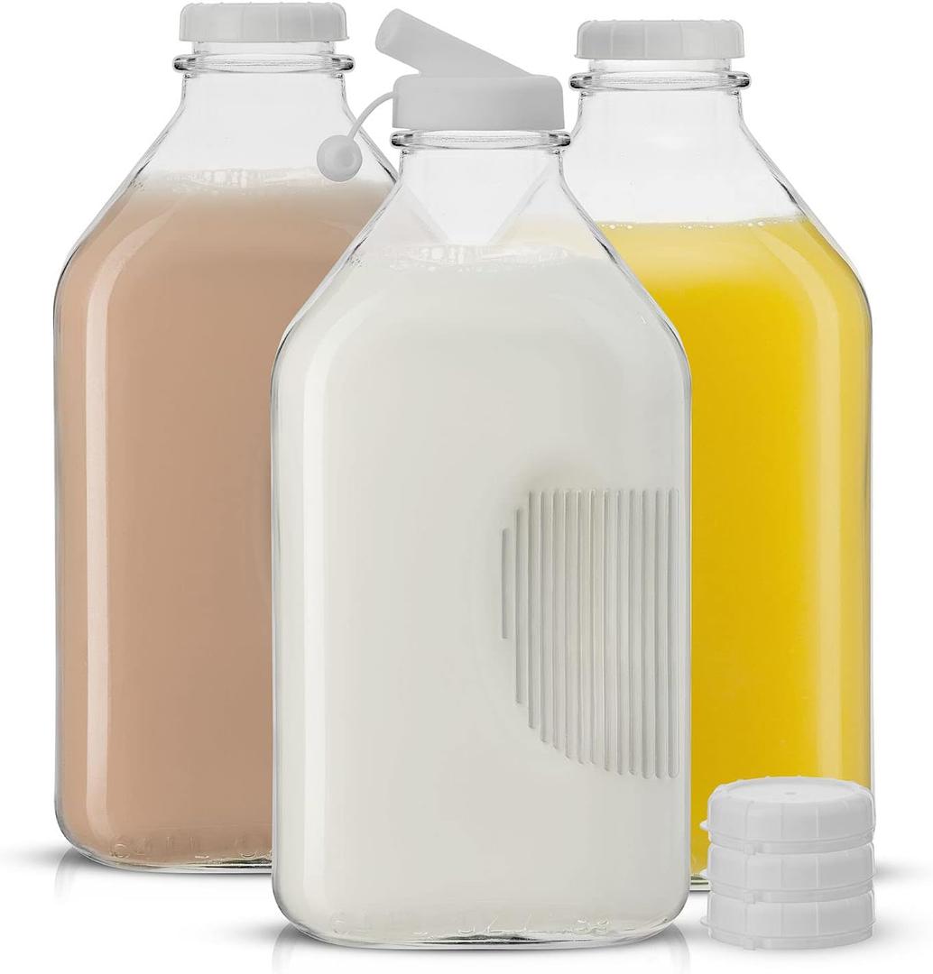 JoyJolt Glass Milk Bottles with Lids and Pourer – 64 Oz, 3 Pack Airtight Heavy Duty Reusable Glass Bottles, Leakproof, BPAFree, Food Grade, Dishwasher Safe Jug, Pitcher for Milk, Juice, and Water