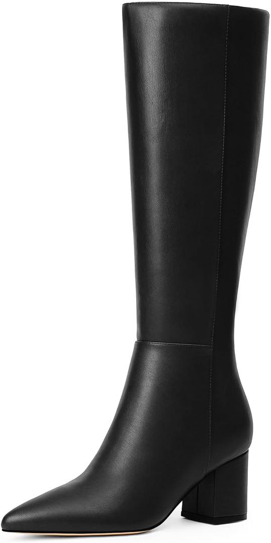 Knee High Boots for Women Chunky Heel Pointed Toe Boots Side Zipper Long Boots (9.5, Black)