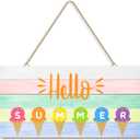 Hello Summer Door Sign Decor Ice Cream Beach Hanging Signs Themed Wooden Door Hanger with Rope Summer Colorful Wall Decor for Home Front Porch Outdoor, 12 x 6 x 0.2 Inch