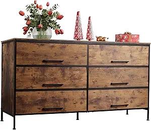 WLIVE 6 Drawer Dresser for Bedroom Large, Fabric Wide Dresser TV Stand for 55, 60, 65, 70 inch TV, Big Long Chest of Drawers with Deep Drawer for Closet, Bedroom, Living Room, Hallway, Rustic Brown