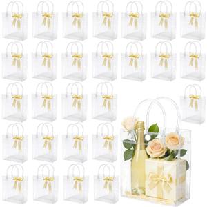 WhizToys 27 PCS Transparent Party Favour Clear Plastic Gift Bags with Handles, 7.9x7.9x3.2Inches, Clear Tote Goodie Bag Bulk PVC Plastic Bags with Handles and Ribbon for Gifts Weddings Birthdays Christmas (1 count (Pack of 27))