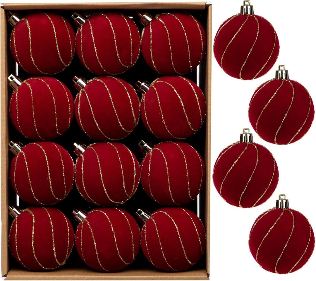 24PCS Velvet Christmas Ball Ornaments Set, 2.36" Shatterproof Baubles for Christmas Tree Decorations, Gold-Lined Hanging Baubles with Velvet Finish for Thanksgiving Holiday Party Dcor, Red