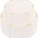 U-QE 100 PCS Ivory Plastic Plates with Gold Rim - Gold Plastic Plates for Party - Heavy Duty Plastic Plates Disposable Use Including 50 Dinner Plates 10 '' & 50 Dessert Plates 7.5 ''