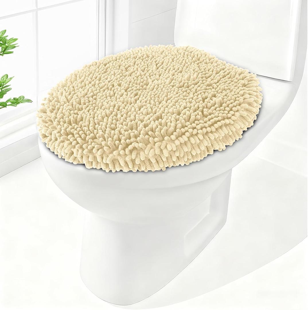 Soft Chenille Toilet Lid Cover 19.5L" x 18.5W" Machine Washable Toilet Seat Cover Adjustable Rubber Backing Fits Most Round Elongated and Oblong Lids