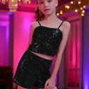 Girls Sequin Shorts Elastic Straight Leg Sparkly Glitter Party High Waist Shorts 5-14 Years (Black)