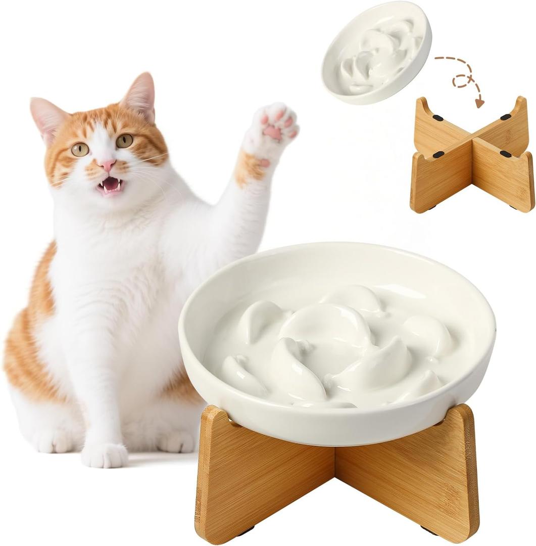 Elevated Slow Feeder Cat Bowl - Ceramic Cat Food Dish with Anti-Slip Bamboo Stand - Whisker Friendly Feeding Bowl - Raised Maze Plate for Slow Down Eating - Ivory White