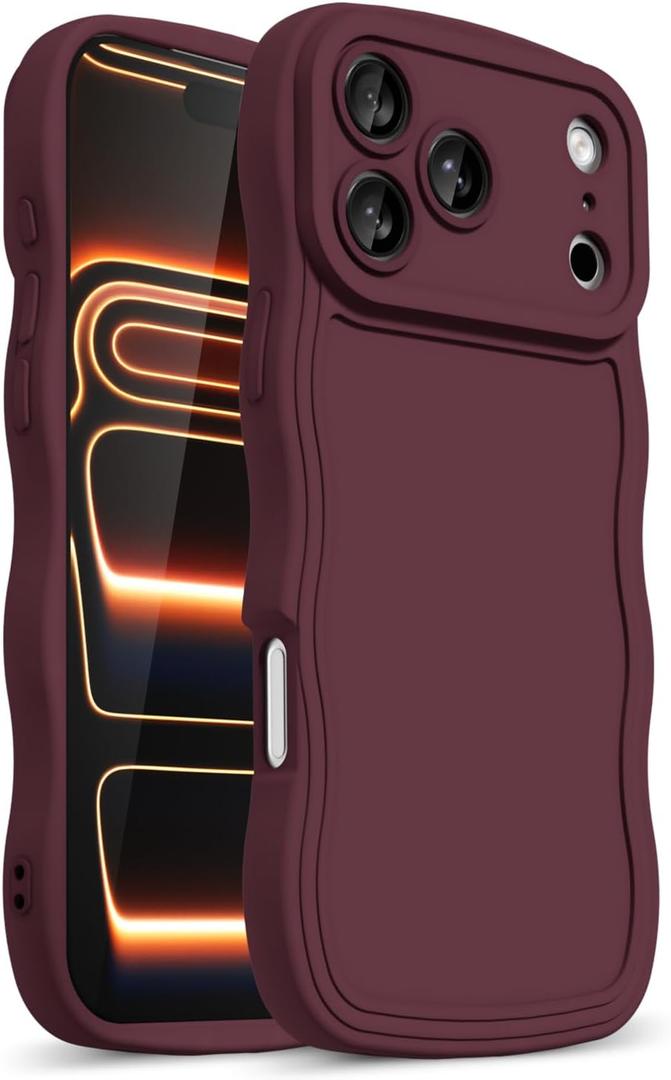 Girly Case for iPhone 17 Pro Silicone, Wavy iPhone 17 Pro Phone Case for Women, Curly Wave Cute Y2k Ripple Aesthetic Design, Slim Soft Rubber Jelly Camera Protection Case, Burgundy Wine Red