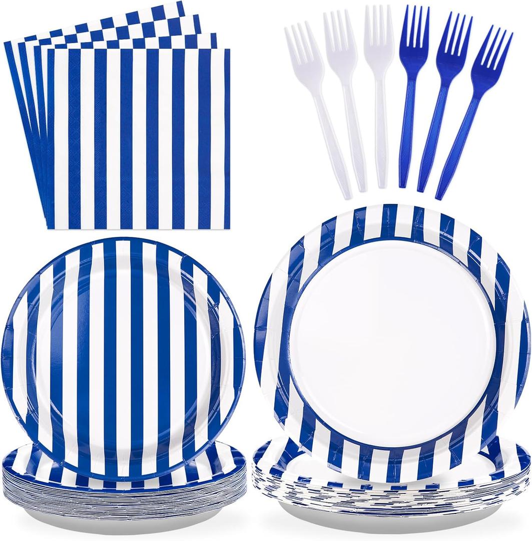 96Pcs Nautical Birthday Party Supplies Navy Blue and White Striped Plates and Napkins Tableware Sets Blue Ocean Beach Decorations for Summer Bridal Baby Shower BBQ Pool Grades Party Favor Serves 24