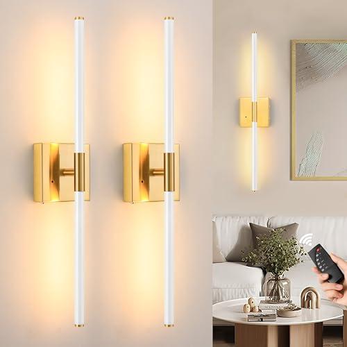 Morauroral 30 Inch White Gold Battery Operated Wall Sconces Set of 2, Dimmable Battery Wall Sconce with Remote Control, LED Rechargeable Sconces, Modern Wireless Wall Lights for Bedroom, Living Room, White Gold, 30 inch (2 Pack)