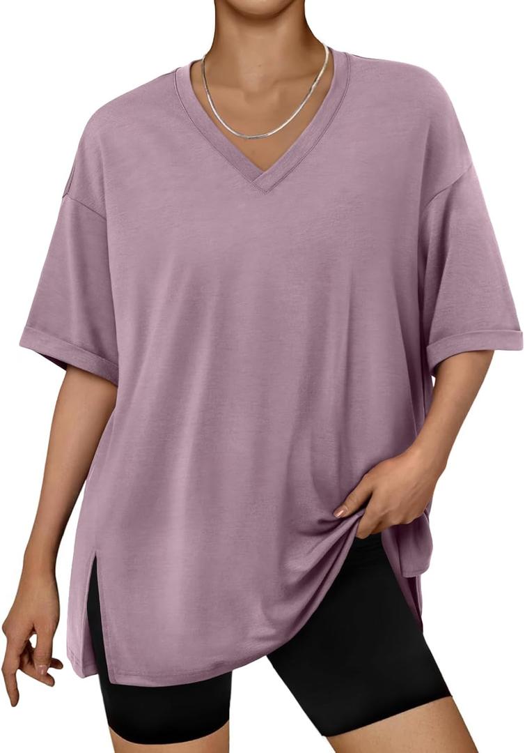 Trendy Queen Oversized Tshirts for Women Workout Plus Size Tops V Neck Short Sleeve Gym Shirts Casual Loose Fit Basic Tees (X-Large, Dark Pink)