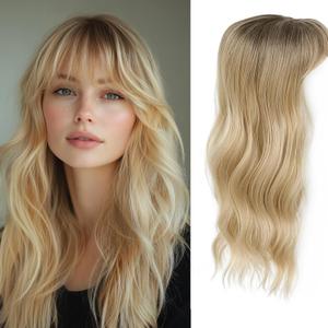 Hair Topper, 360 3D Hair Toppers for Women with Thinning Crown, 20 Inch Long Wavy Curly Hair Pieces Clip in Bangs (Highlights Champagne Blonde with Brown Root, 20 inch, French Bangs)