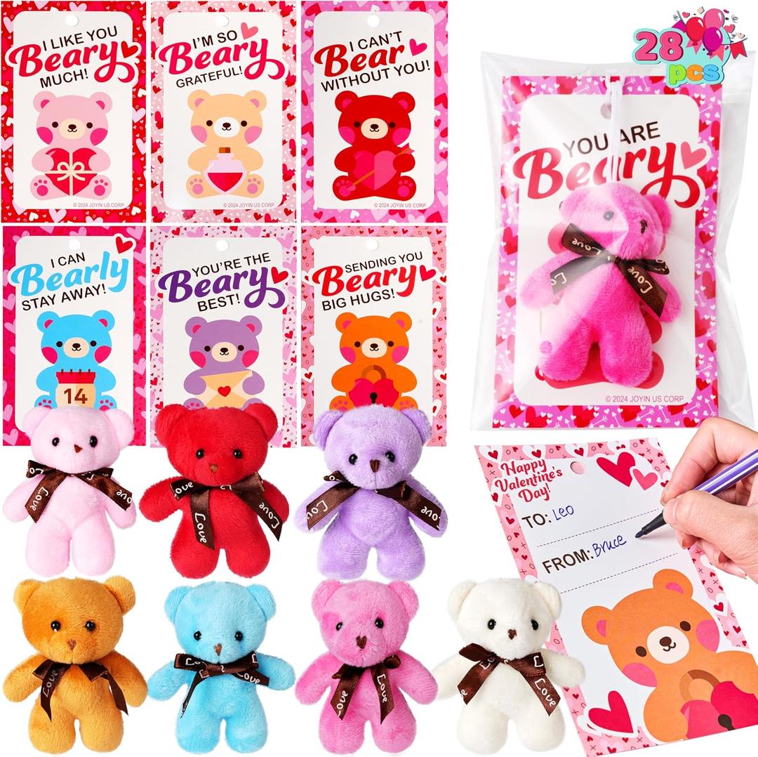 JOYIN 28 Pack Valentine's Day Mini Plush Animals Toys with Gift Cards, Mini Animals Keychains for Valentines Party Favor, School Exchange Prize and Valentine's Classroom Gift Exchange