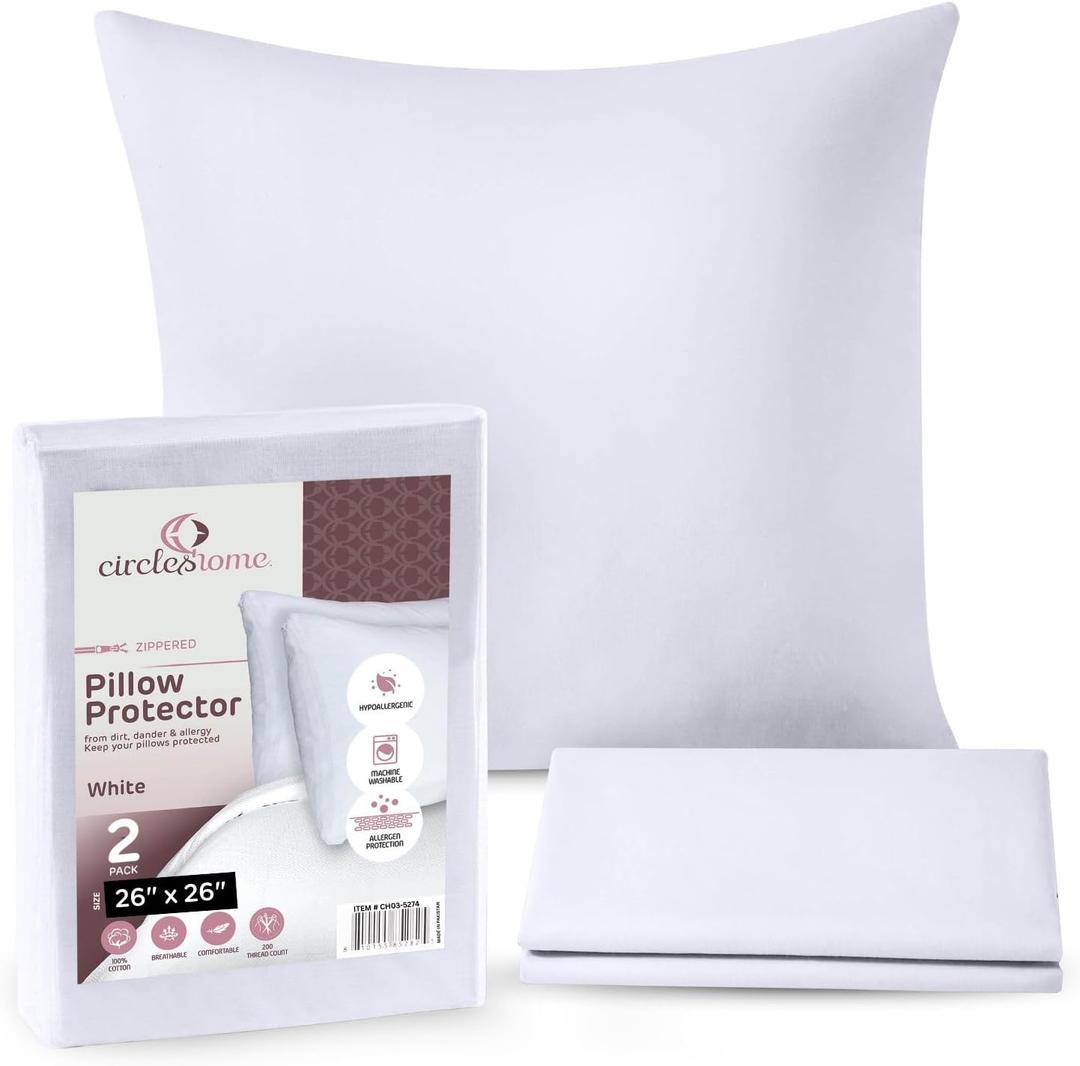 CIRCLESHOME European Pillow Protectors - 100% Cotton Breathable Pillowcases - 26 X 26 Square Pillowcases - Protects Pillows from Dirt, Dust and Debri (European- 2 Pack- 26x26) (White)