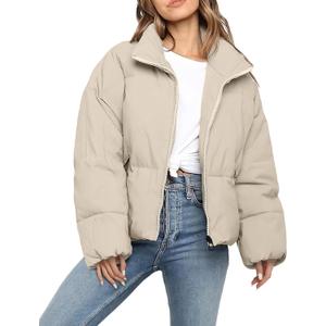 WHN Women Puffer Jacket Coat Winter Quilted Outerwear 2025 Trendy Long Sleeve Puffy Warm Casual Outfit (Small, Beige)