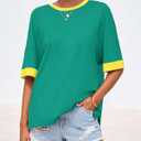 BTFBM Womens Oversized T Shirts Dressy Casual Short Sleeve Summer Tops Crew Neck Color Block Blouse Loose Fit Basic Tee (Green, L)