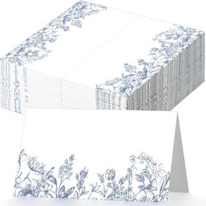 100 Pcs Blue Floral Place Cards 3.5" x 2" Chinoiserie Blue White Flower Tented Name Card Blank Table Name Sign for Wedding Baby Shower Birthday Party Banquet Table Setting Supplies