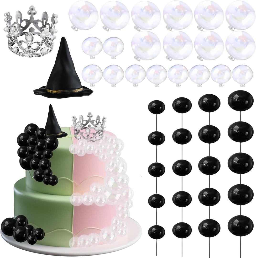 42 Pcs Witch Party Decorations Kit - Halloween Cake Toppers with Black Balloons, Silver Crown, Witch Hat & Glitter Balls for Birthday, Fantasy Party Supplies (Transparent ball+Silver Crown)