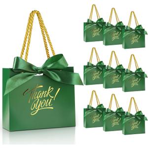 EQOREIIN 30 Pack Small Thank You Gift Bags with Handles 5.5 x 2.4 x 4.7 Inches Mini Green Gift Bags with Bow Ribbon Tiny Party Favor Bag Bulk for Easter Mother's Day Baby Shower Wedding (Green)