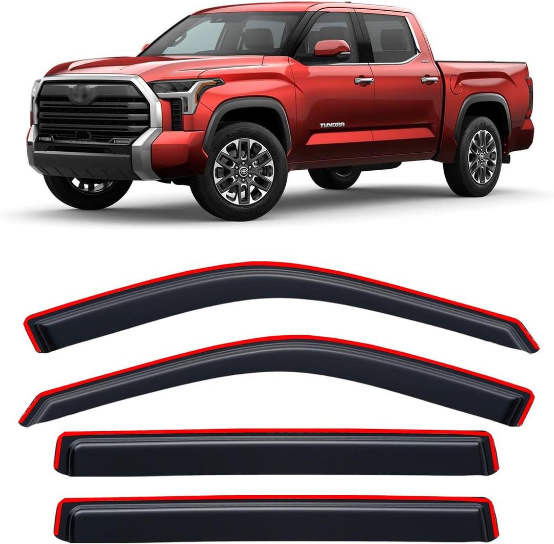 in-Channel Rain Guards for 2022-2026 Toyota Tundra CREWMAX ONLY, Window Visor Shields Vent Deflector Shade Wind Dark Smoke 2023 2024 22 23 24 25, Tape-On Inside-Mount, 4PCS
