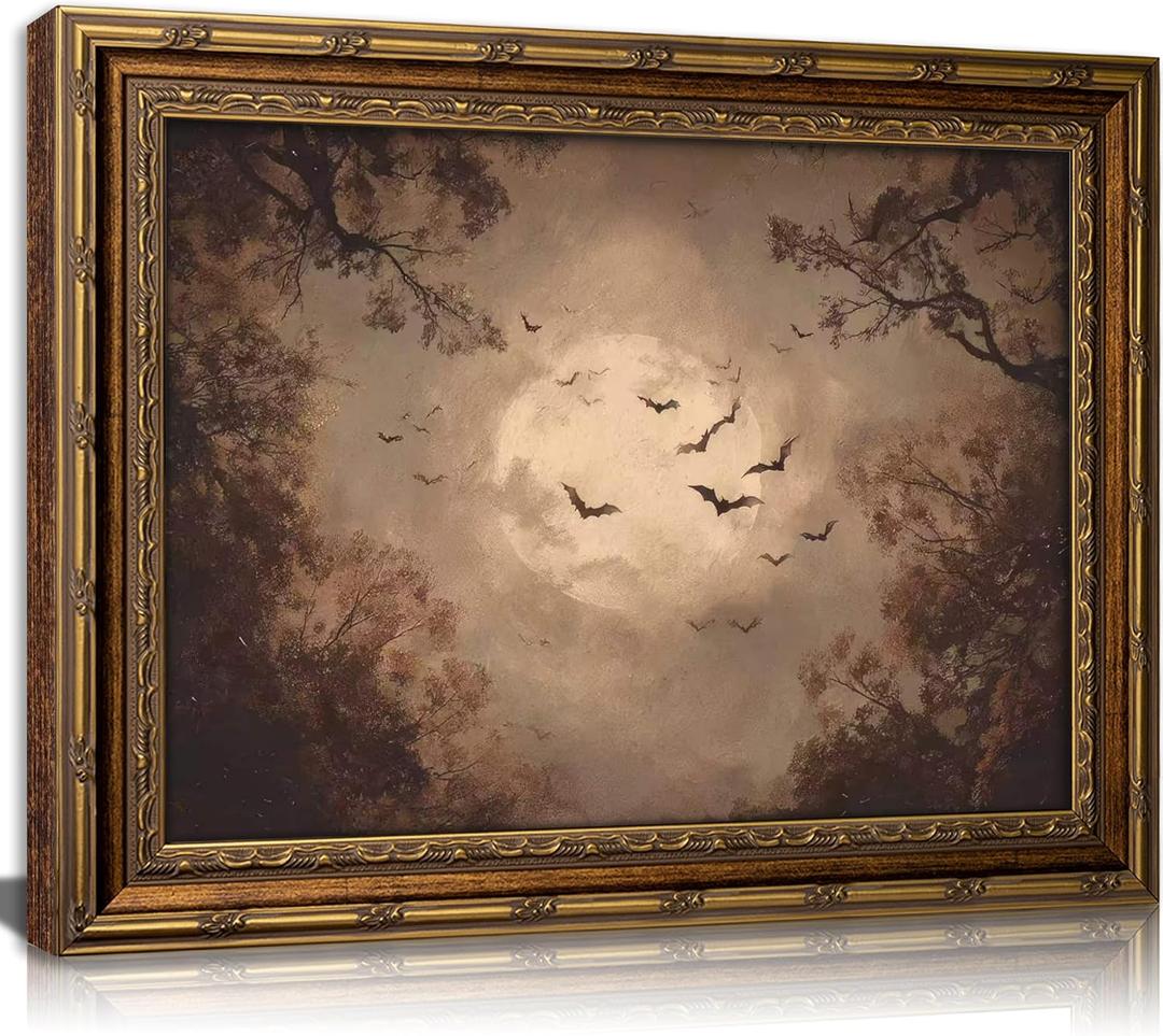 Vintage Gold Framed Dark Academia Wall Art, Moody Night Sky Moon Bat Canvas Print, Gothic Halloween Picture Wall Decor, Fall Aesthetic Artwork for Living Room Bedroom, 24"L x 16"W