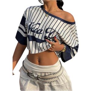 Women's Striped Off Shoulder Crop Top Short Sleeve Asymmetrical Letter Graphic Tees (M)