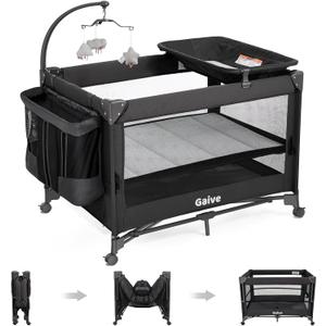 Baby Bassinet Bedside Crib, Pack and Play with Mattress, Diaper Changer, One-Push Setup Playards from Infants to Toddlers (Black) (Dark Gray)