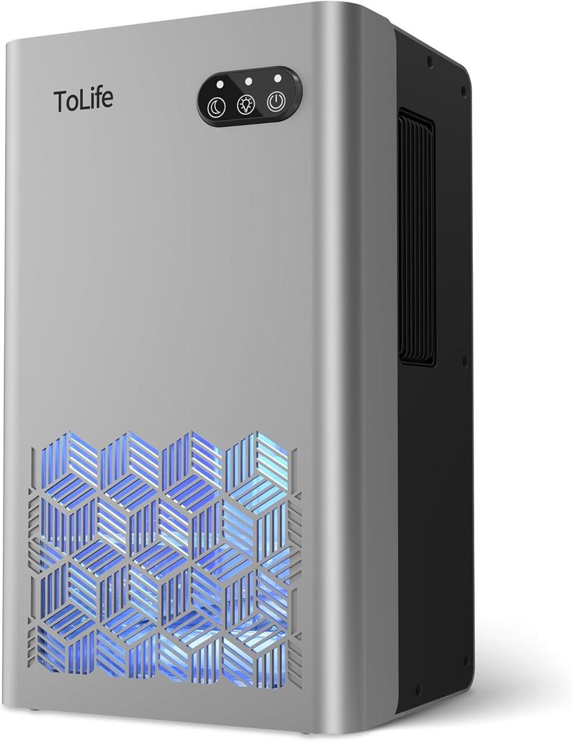 ToLife Dehumidifiers for Home 95 OZ Water Tank, 1000 sq.ft Dehumidifier for Basement Bedroom Bathroom with Auto Shut Off 7 Colors LED Light, Silver
