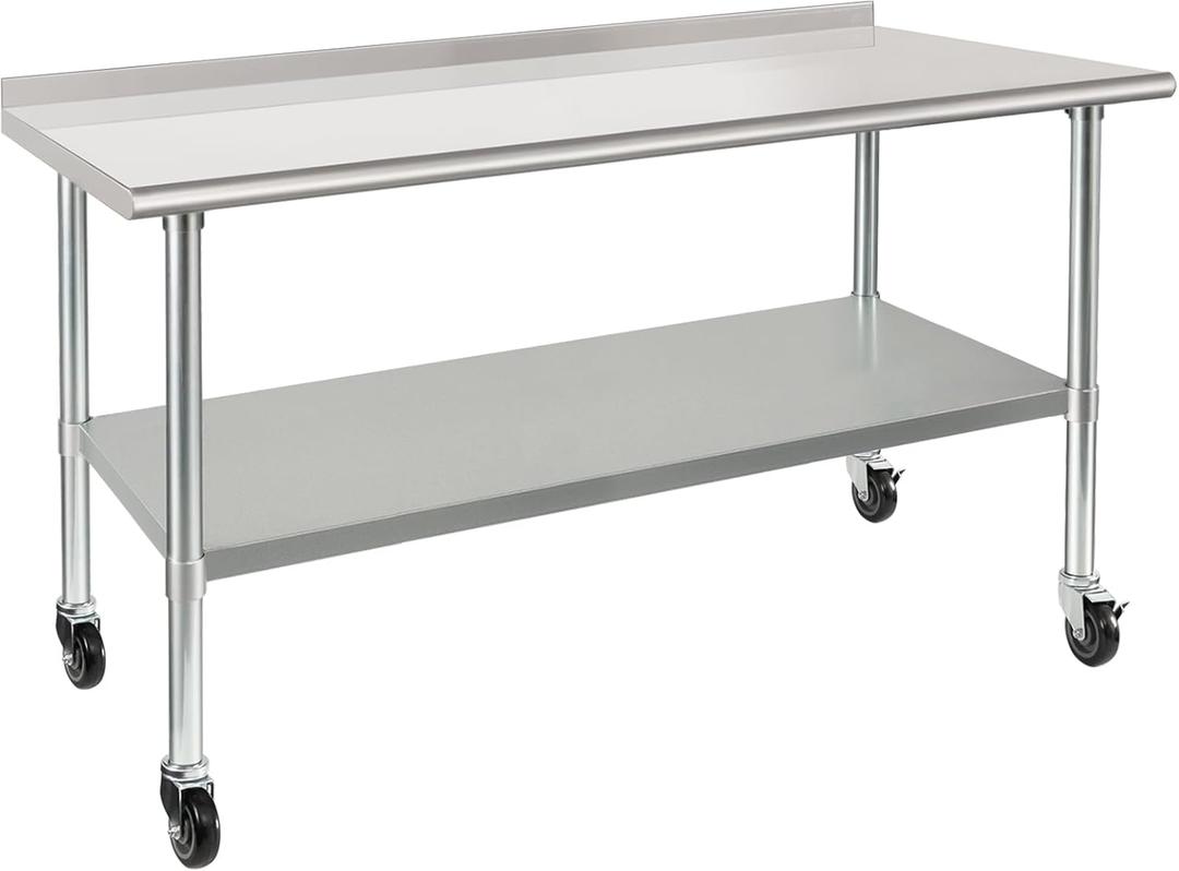 HARDURA Stainless Steel Table 30 x 60 Inches with Wheels Casters NSF Heavy Duty Commercial Prep Table with 2 Backsplash and Adjustable Undershelf for Restaurant Kitchen Home and Hotel