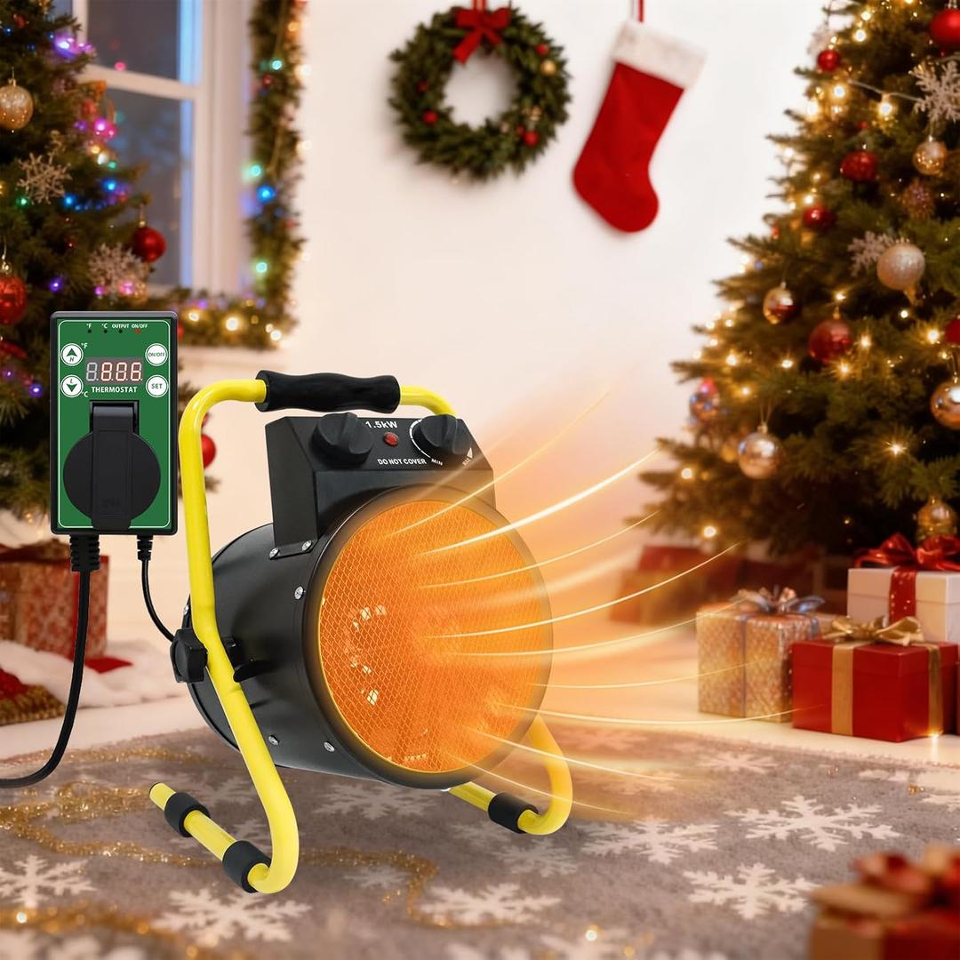 COOS BAY 1500W Space Heater with Thermostat, Electric Greenhouse Heater for Grow Tent, Garage, RV, Shed, Radiant Heat, IPX4 Water-Resistant, Overheat Protection, 1 Pack, Black